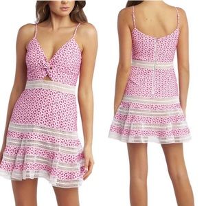 Bardot Camille Hot Pink Shock Eyelet V Neck Mini Dress NWT